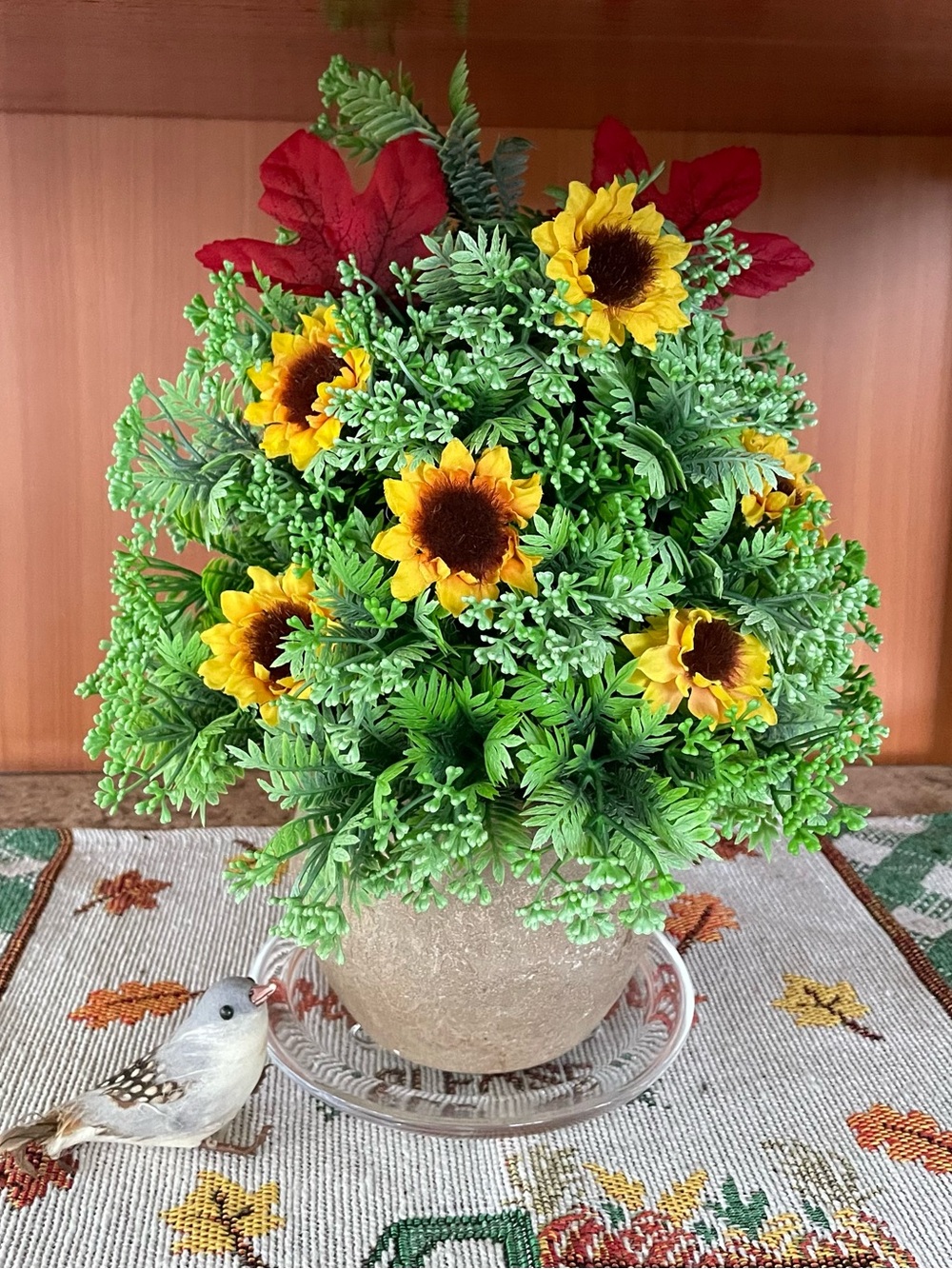 Sunflower and Greenery Arrangement with Red Leaves